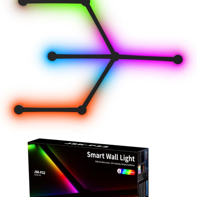 TOHETO RGB Wall Light, LED DIY Geometry Splicing Gaming Lights, Backlit Modular Wi-Fi Colour Changing Home Decor Lights Work with Alexa and Google Assistant for Game Room, Bedroom (6 Lines, Black)