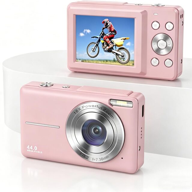 Andoer Digital Camera, 1080P 44MP Compact Portable Photo Camera | 32GB Memory Card, 2.45 inch IPS Display, 16x Digital Zoom for Kids Teen Students Beginner, Pink