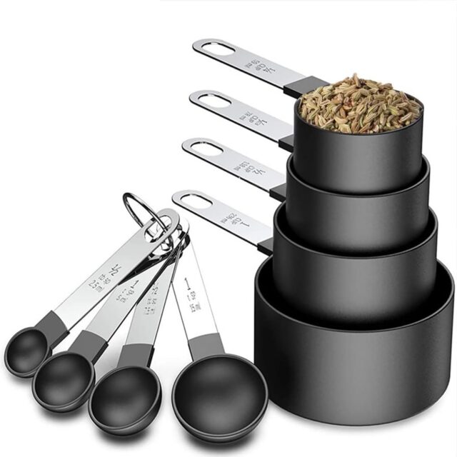 8 Piece Measuring Cups and Spoon Set Stackable Stainless Steel Handle for Measuring Dry and Liquid Ingredients for Kitchen (Black)