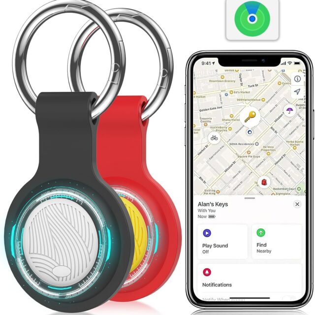 tracking tag & trackers (2-pack) work with Apple Find My (iOS only) IP67 waterproof to track keys, luggage, pets and more. Featuring replaceable batteries, loud beeps.