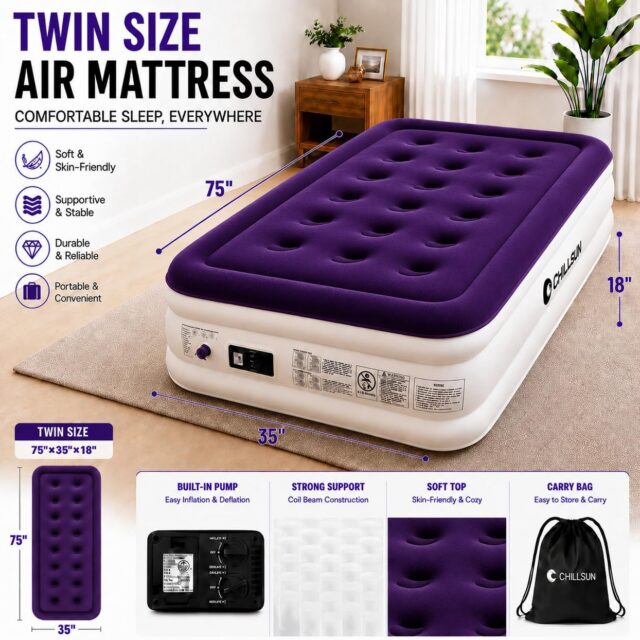 CHILLSUN Twin Air Mattress Inflatable Airbed with Built in Pump, 3 Mins Quick Self-Inflation, Comfortable Top Surface Blow Up Bed for Home Portable Camping Travel, 75x39x18”, 550 lb MAX