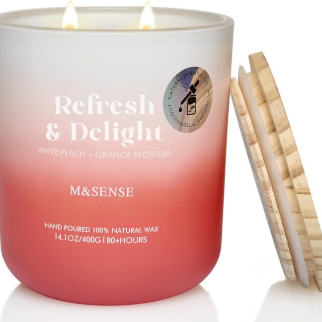 M&SENSE White Peach & Orange Blossom Scented Candle – 400g Non Toxic – 80 Hours – Natural Soy Wax – 2 Wick – Aromatherapy – Gift for Women/Men/Family