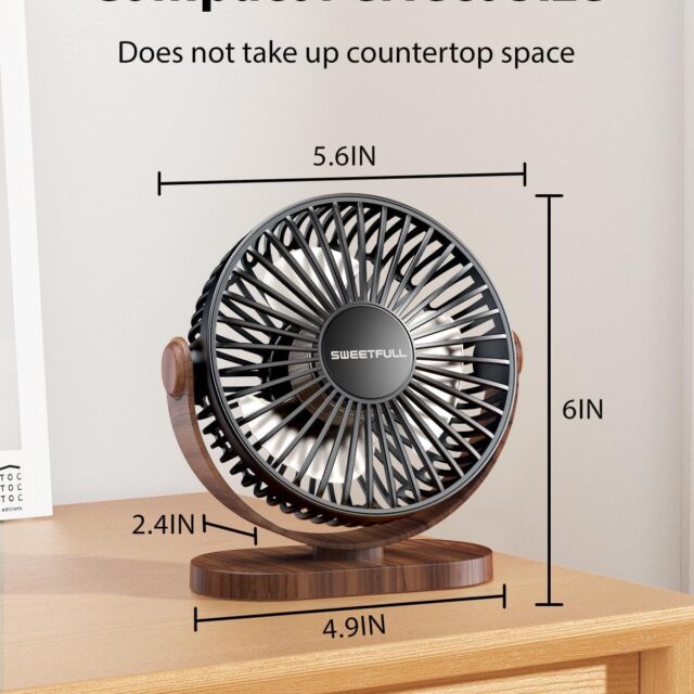 SWEETFULL Desk Fan, Small Portable USB Table Fan, 3 Speeds, 360° Adjustable | Compact Mini Personal Desktop Fan, Quiet Operation, Removable Grille for Home, Office and Bedroom, Powered Only via USB