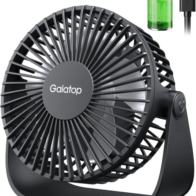 Gaiatop Small USB Desk Fan, 3-10H Runtime Rechargeable Desktop Fan, 3 Speeds, 360° Rotatable, 1.5M Cable Usb Fan Silent Powerful Portable Mini Fan for Bedroom Office School Home Outdoor, Black
