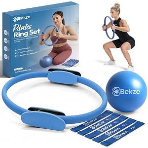 Bekze At Home Pilates Kit for Women – Pilates Sets for Women – Pilate Ring and Ball set – Includes 14-Inch Magic Circle with Dual Padded Handles, Pilates Mini Ball, 5 Resistance Bands & Workout Guide
