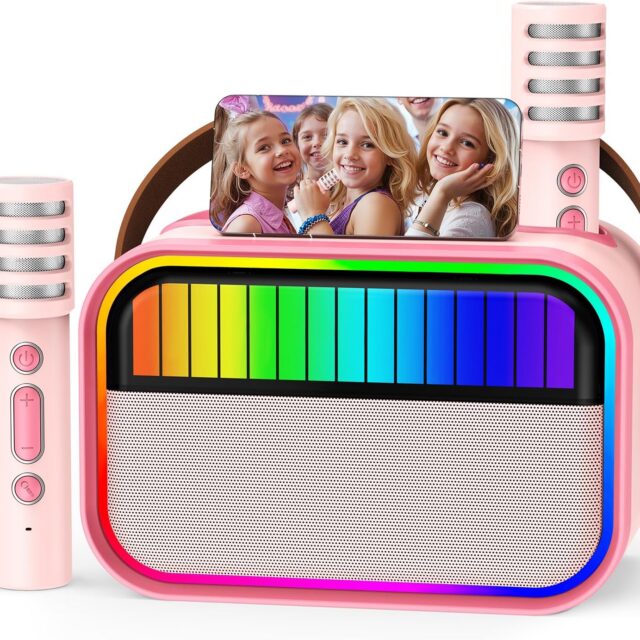Karaoke Machine for Kids Adults, Kids Toys for 3-12 Years Old Girls Birthday Presents, Portable Recording Devices Karaoke Speaker with 2 Microphones (Pink)